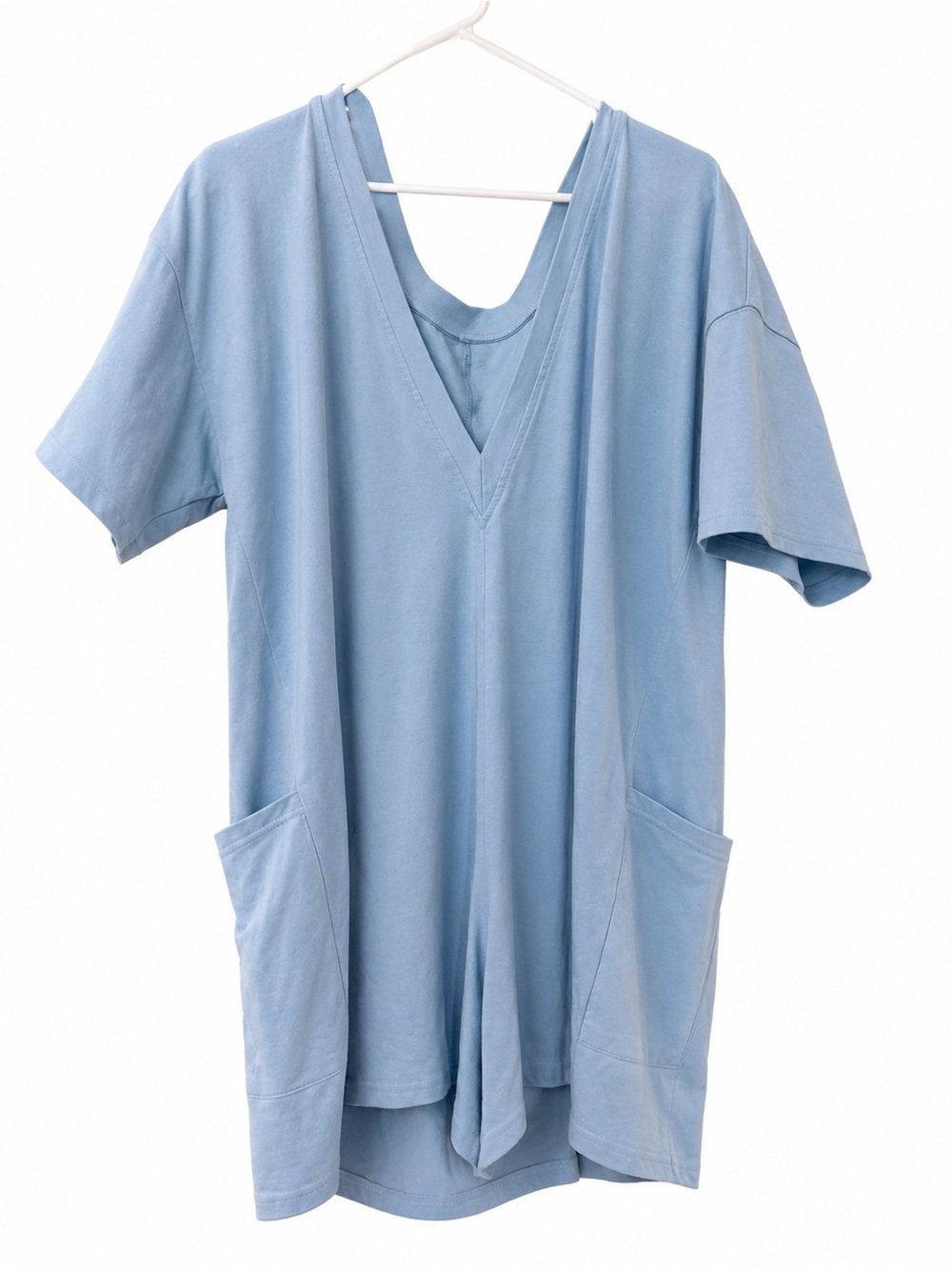 Light Blue V-Neck Oversized Athletic Romoer with Pockets